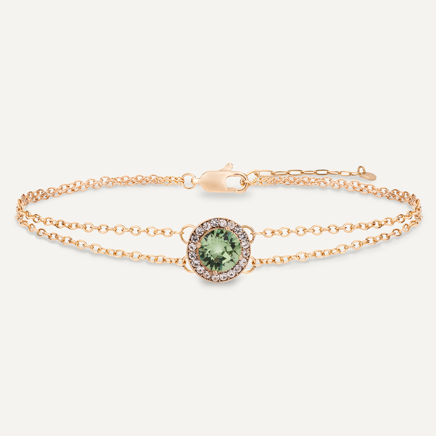 Detailed view of August Peridot Birthstone Clasp Bracelet In Gold Cubic Zirconia