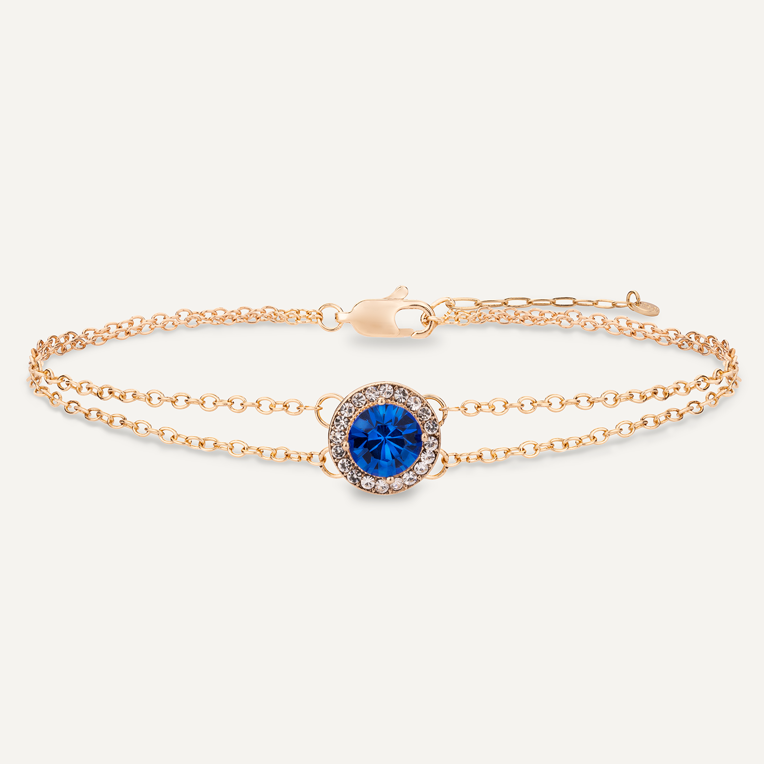 Detailed view of September Sapphire Birthstone Clasp Bracelet In Gold Cubic Zirconia