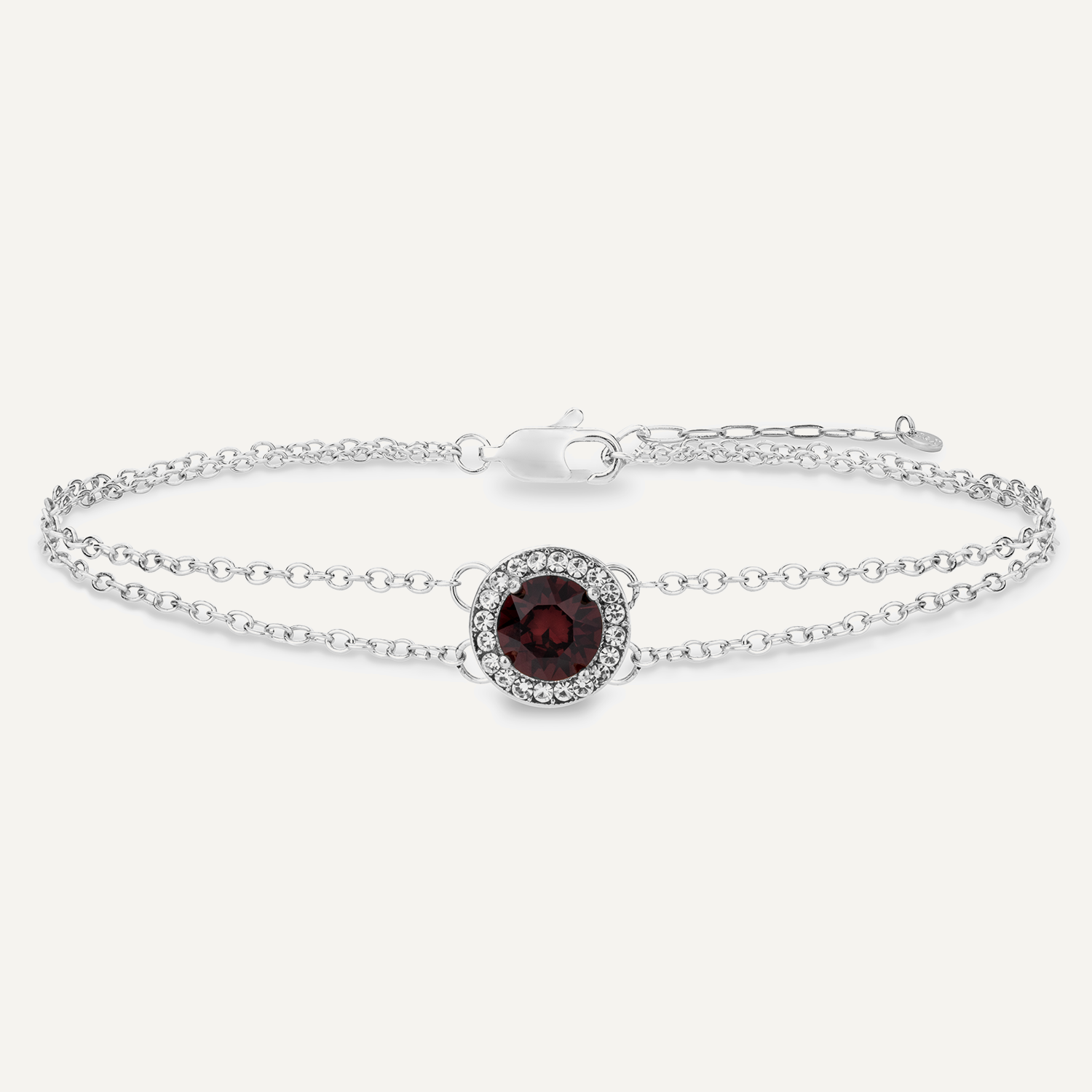 Detailed view of January Garnet Birthstone Clasp Bracelet In Silver Cubic Zirconia