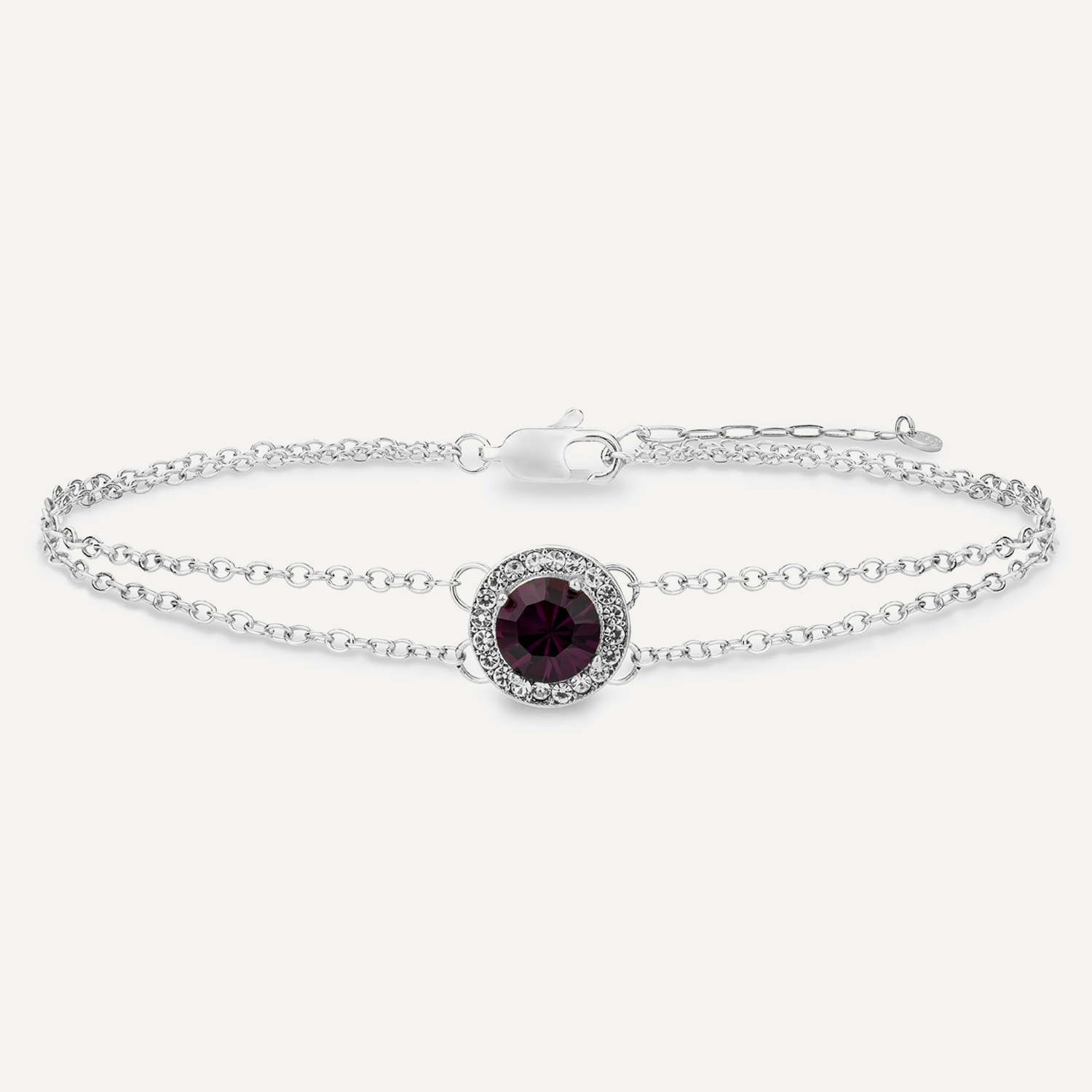 Detailed view of February Amethyst Birthstone Clasp Bracelet Cubic Zirconia In Silver