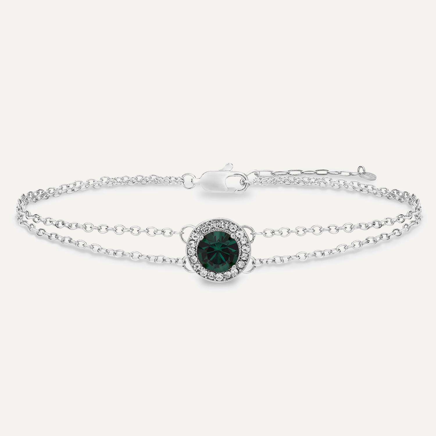 Detailed view of May Emerald Birthstone Clasp Bracelet In Silver Cubic Zirconia