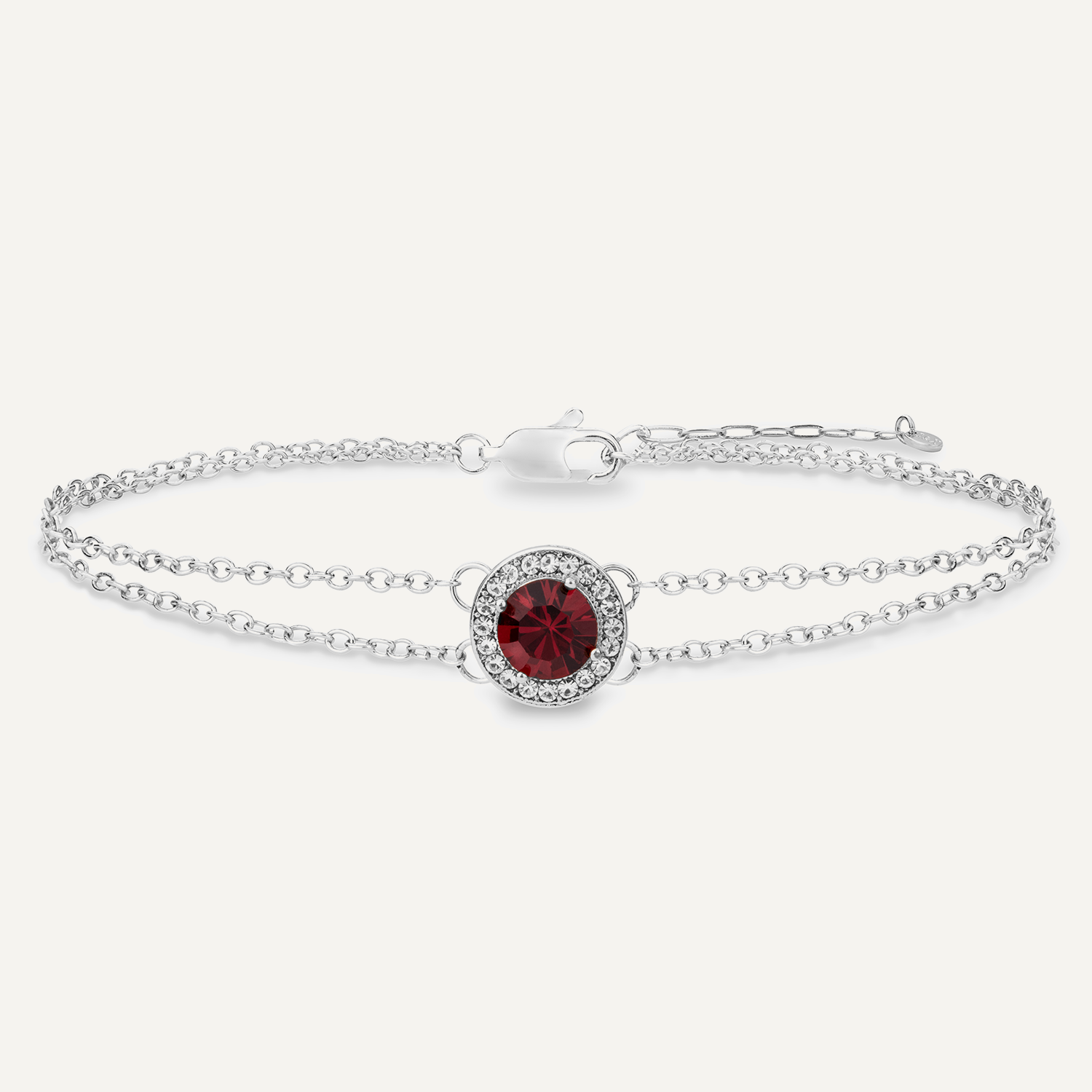 Detailed view of July Ruby Birthstone Clasp Bracelet In Silver Cubic Zirconia