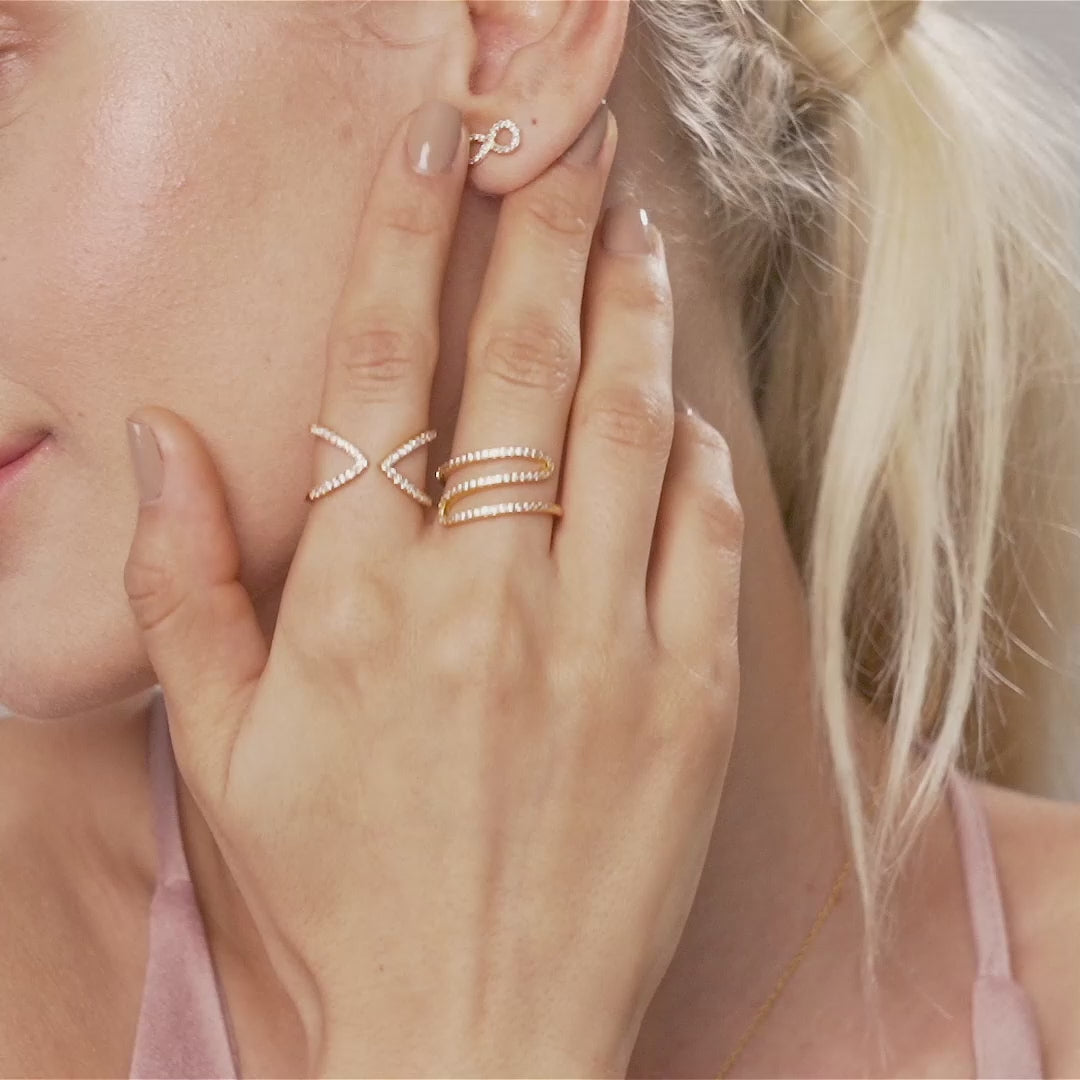 Model wearing Kylie Double Chevron Open Ring Gold Cubic Zirconia in Gold