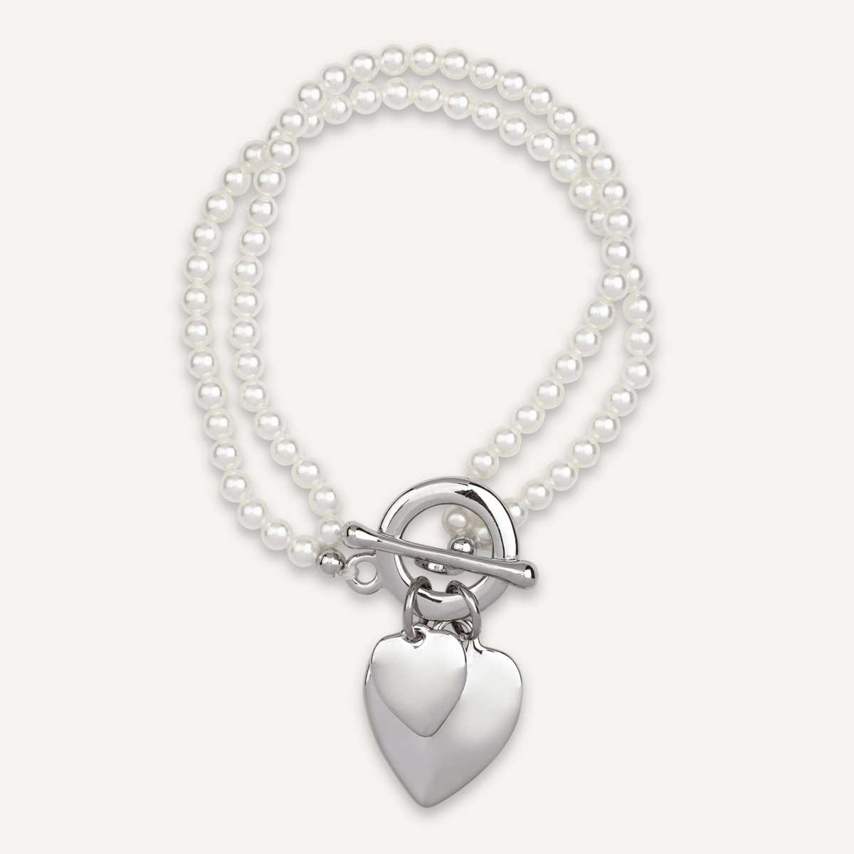 Double-row Pearl & Silver Heart Pendant Bracelet - D&X Retail