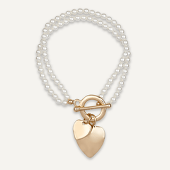 Double-row Pearl & Gold Heart Pendant Bracelet - D&X Retail