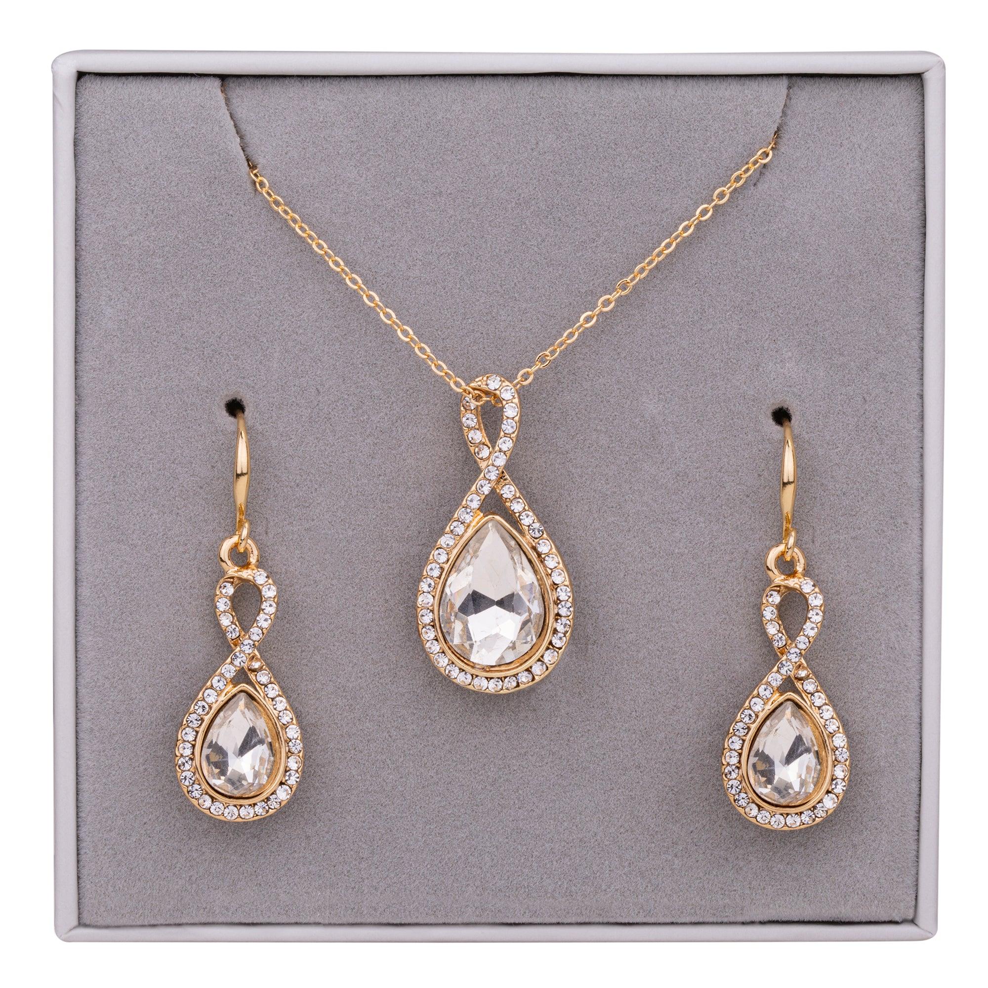 Cubic Zirconia Infinity Teardrop Pendant Necklace & Earrings Boxed Set in Gold - D&X Retail