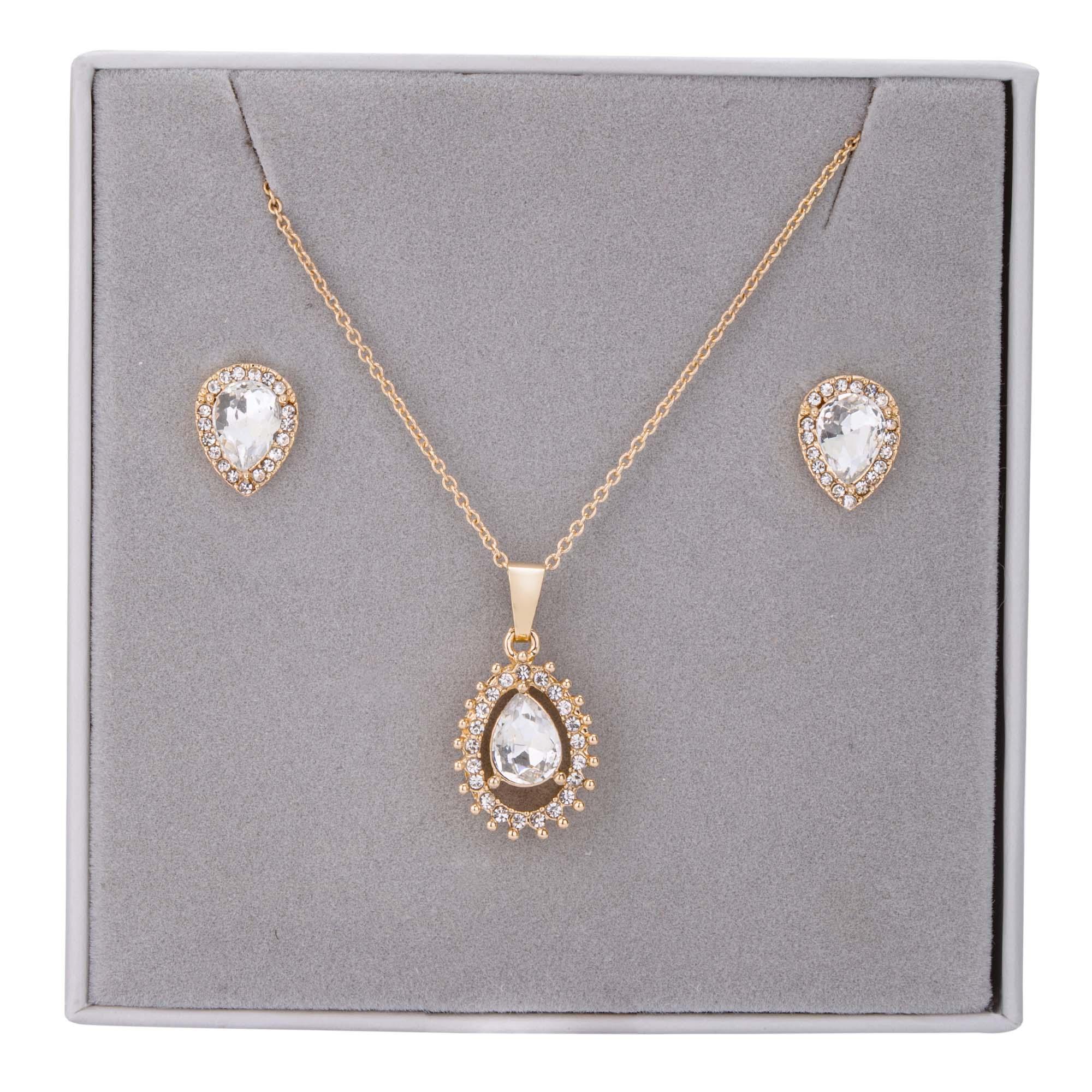 Cubic Zirconia Teardrop Pendant Necklace & Earrings Boxed Set in Gold - D&X Retail