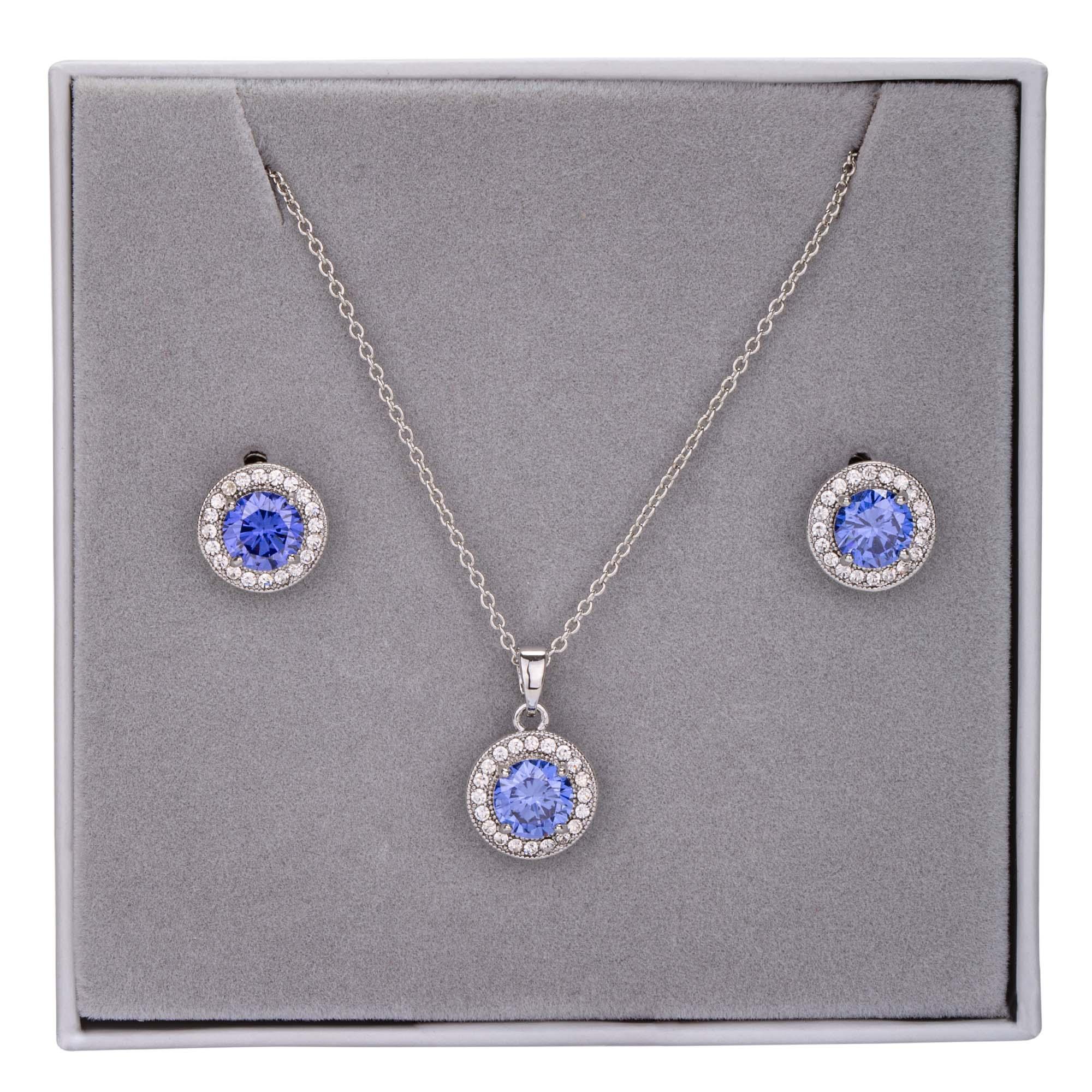 Cubic Zirconia Circle Pendant Necklace & Earrings Boxed Set in Blue - D&X Retail
