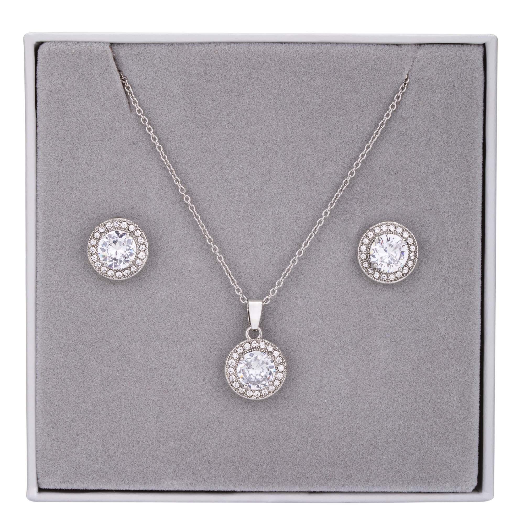 Cubic Zirconia Circle Pendant Necklace & Earrings Boxed Set in Silver - D&X Retail