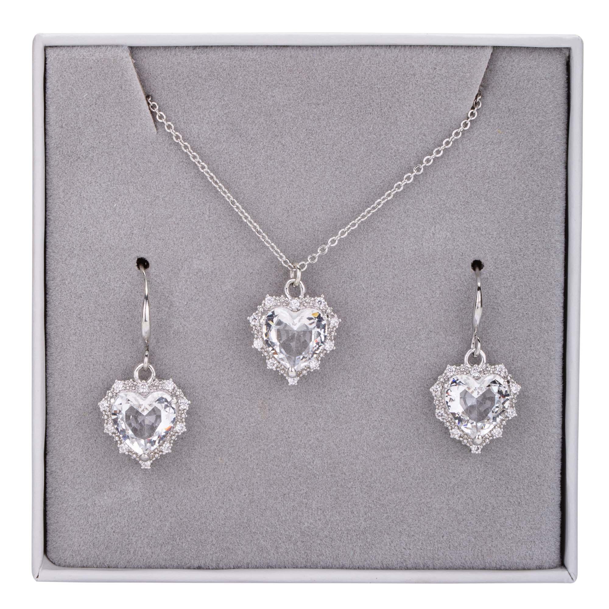 Cubic Zirconia Heart Pendant Necklace & Earrings Boxed Set Clear - D&X Retail