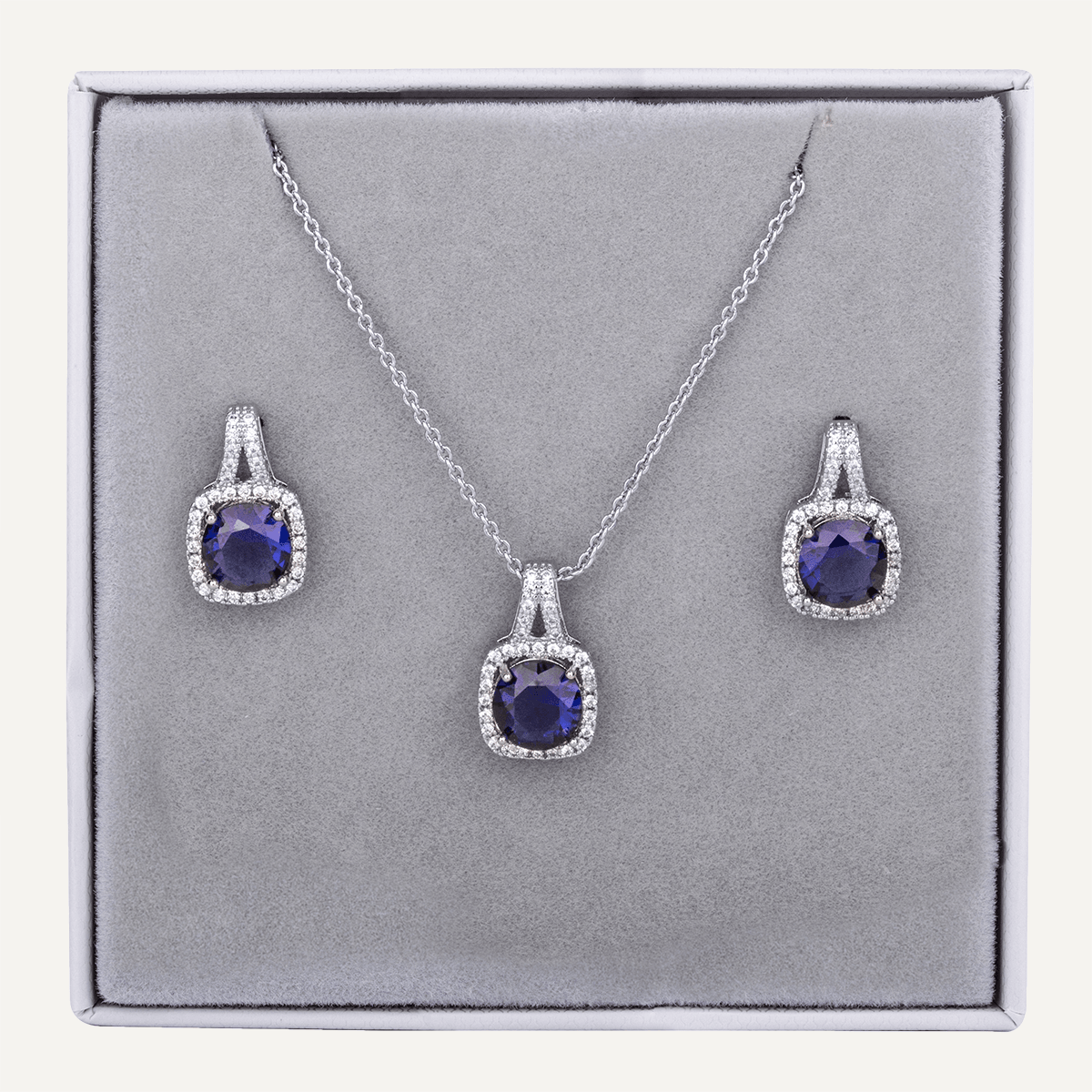 Crystal Pendant Necklace & Earring Box Set In Silver & Blue - D&X Retail