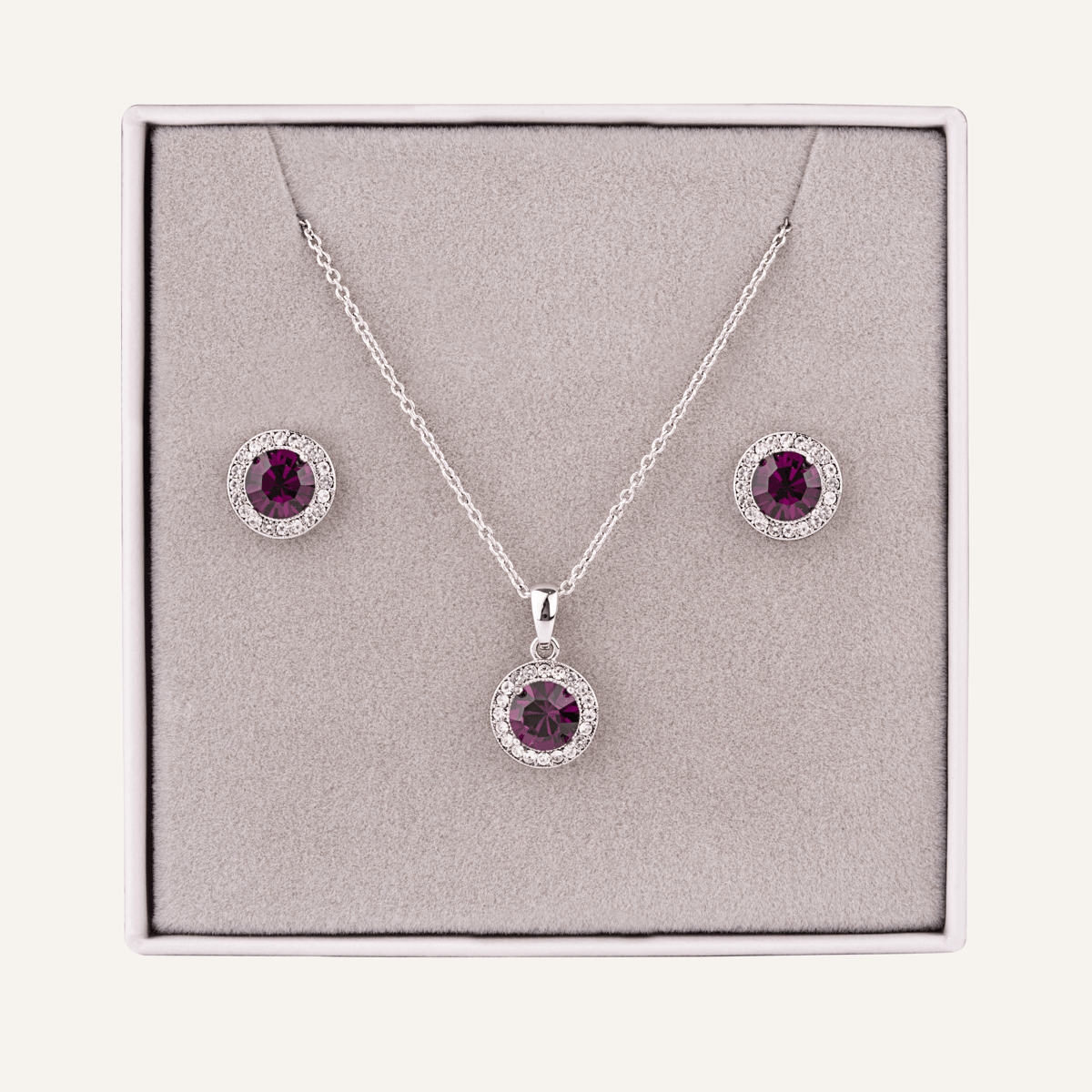 July Ruby Colour Birthstone Necklace Earring Set In Silver Tone