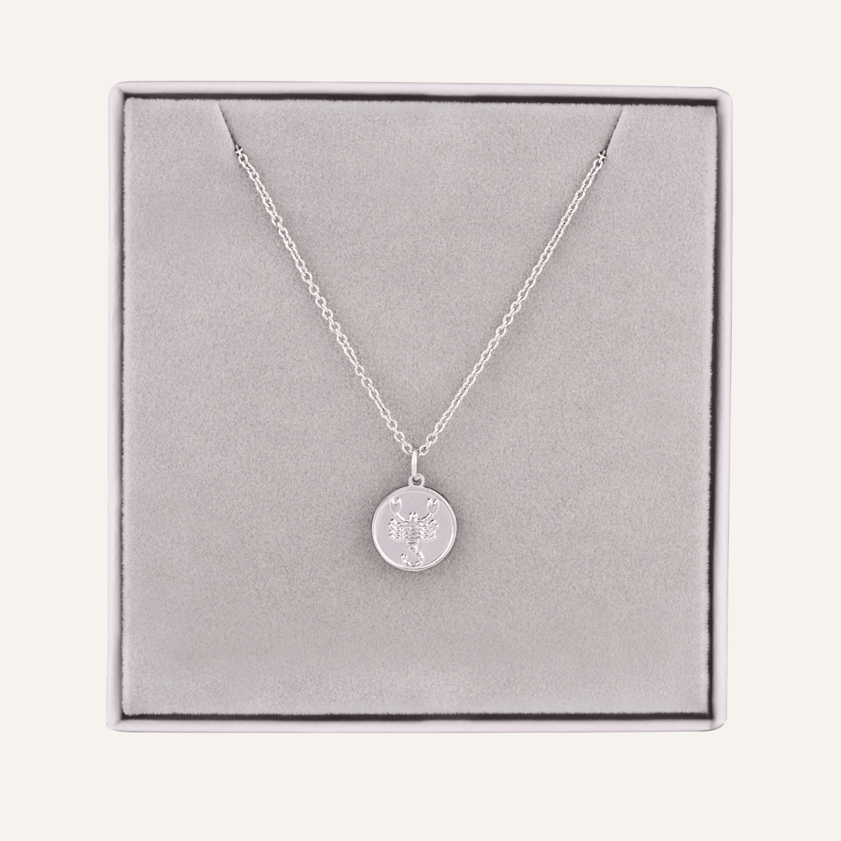 Close-up view of Scorpio Zodiac Star Sign Necklace in Silver (October 23 – November 21)