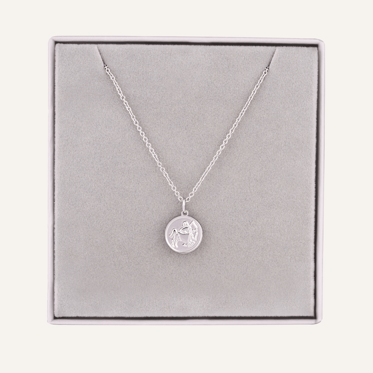Close-up view of Sagittarius Zodiac Star Sign Necklace In Silver (November 22 – December 21)