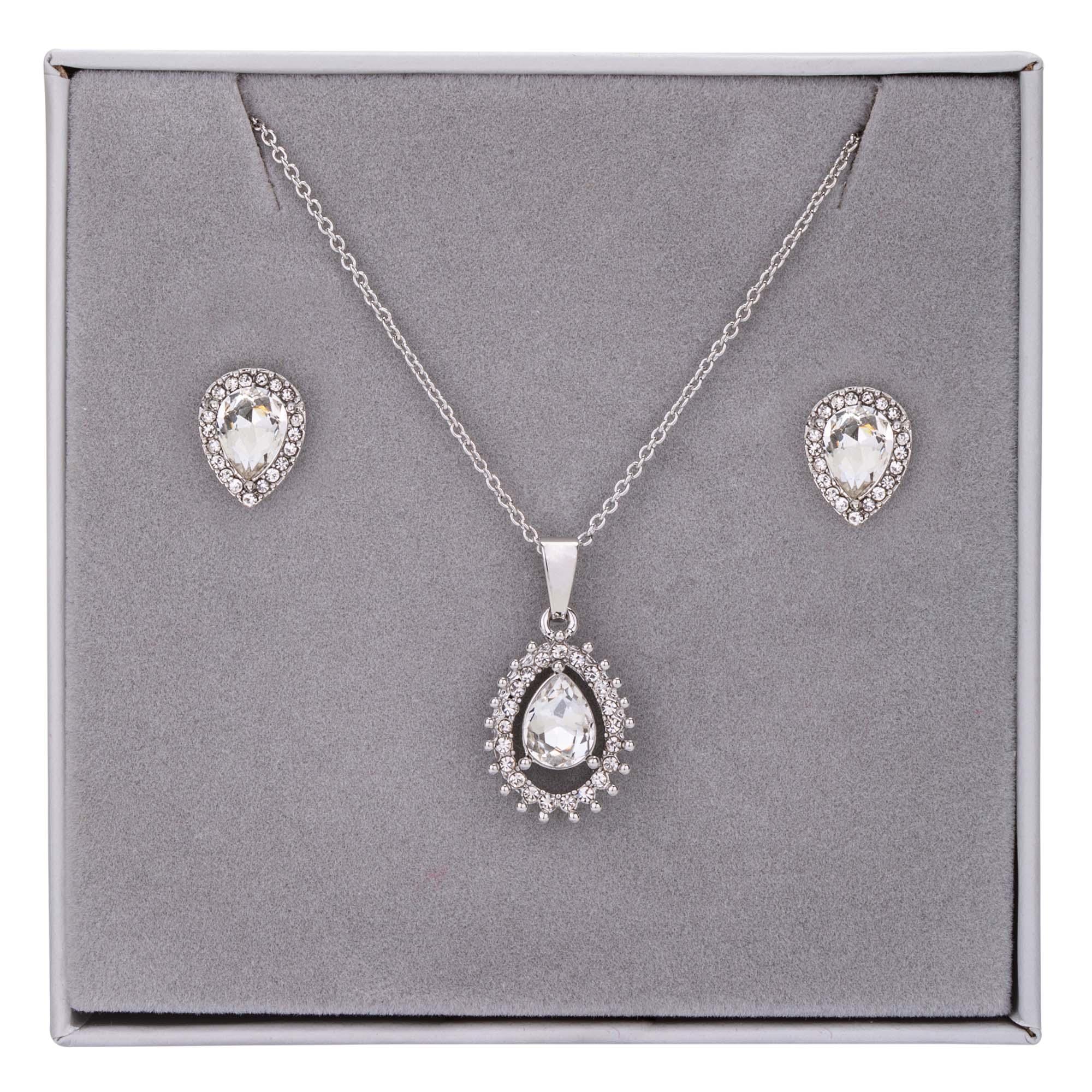 Cubic Zirconia Teardrop Pendant Necklace & Earrings Boxed Set in Silver - D&X Retail