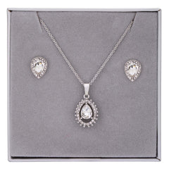 Cubic Zirconia Teardrop Pendant Necklace & Earrings Boxed Set in Silver - D&X Retail